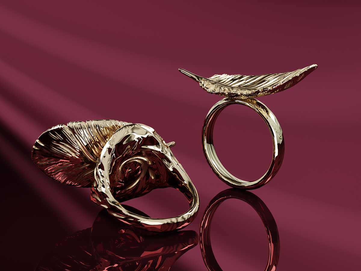 Rings with a Feather. Jewelry design and 3D Rendering. Sculpted jewellery.